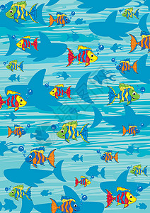 卡通热带鱼模式鱼纹卡通片游泳海洋生物鲨鱼海洋背景图片