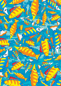 鱼纹背景卡通热带鱼模式卡通片鱼纹海洋游泳海洋生物插画