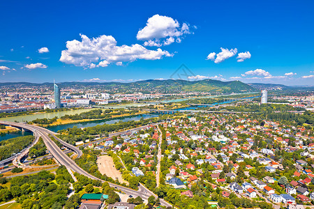 柏景台道维也纳 维也纳北维也纳市景和多瑙河区域空中观察背景