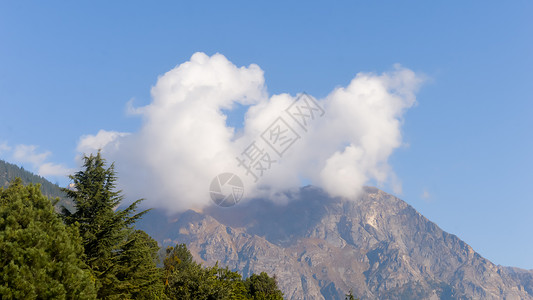 重力转移之树戏剧性的白雾云漂浮在山上 蓝天背景 自然景观背景风景 复制空间背景