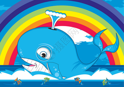 卡通蓝鲸场景插图海洋热带鱼海上生活波浪鲸鱼彩虹动物背景图片