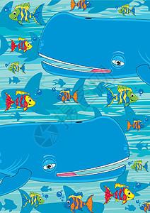 卡通蓝鲸场景插图鲸鱼鲨鱼热带鱼波浪海洋动物海上生活背景图片
