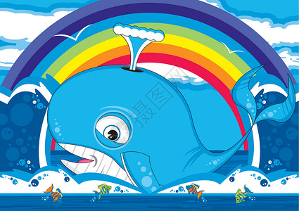 卡通蓝鲸场景鲨鱼动物插图海洋波浪海上生活彩虹鲸鱼热带鱼背景图片