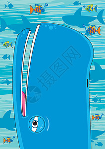卡通蓝鲸场景鲸鱼鲨鱼海上生活波浪插图动物热带鱼海洋背景图片