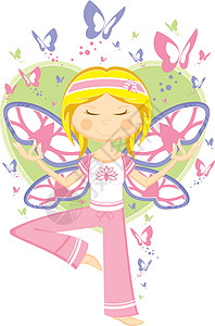 翅膀自做可爱的瑜伽女孩与蝴蝶闲暇卡通片头发运动练习翅膀插画