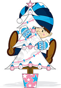 卡通圣诞精灵和 Tre卡通片小玩意儿羊毛帽插图背景图片