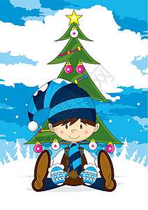 卡通精灵和圣诞 Tre手套卡通片帽子插图雪花小玩意儿羊毛帽背景图片