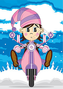 滑板车上的卡通圣诞精灵插图羊毛帽手套摩托车卡通片背景图片