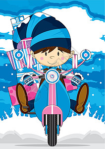 滑板车上的卡通圣诞精灵插图礼物摩托车雪花羊毛帽卡通片手套背景图片