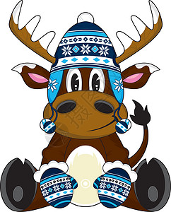 卡通羊毛帽 Reindee鹿角驯鹿手套插图背景图片