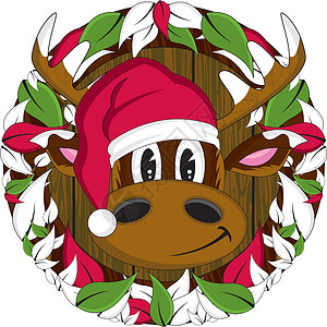 可爱的卡通圣诞老人 Reindee驯鹿卡通片插图雪花花圈鹿角背景图片