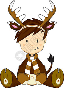 穿着圣诞驯鹿服装的可爱男孩围巾卡通插图戏服孩子们奇装异服打扮鹿角男生背景图片