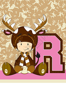 戴鹿角女孩R代表驯鹿女孩插图英语打扮奇装异服学习戏服鹿角字母乐趣动物设计图片