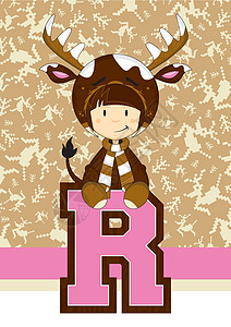 戴鹿角女孩R代表驯鹿女孩插图卡通乐趣鹿角动物语言卡通片字母学习教育设计图片