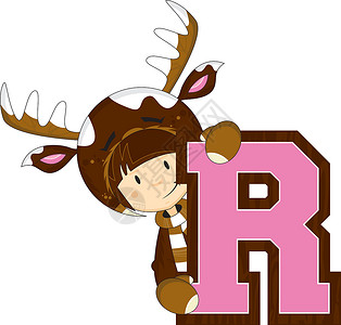 戴鹿角女孩R代表驯鹿女孩戏服卡通片打扮乐趣动物插图卡通字母奇装异服教育设计图片
