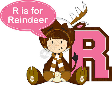 戴鹿角女孩R代表驯鹿女孩英语语言羊毛帽乐趣卡通片插图奇装异服学习教育意义设计图片