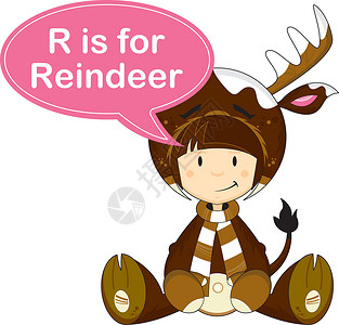 戴鹿角女孩R代表驯鹿女孩羊毛帽奇装异服卡通片字母学习卡通鹿角意义教育英语设计图片