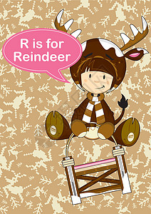 卡通动物牛插图R代表驯鹿女孩卡通雪橇乐趣羊毛帽语言鹿角教育英语字母插图设计图片
