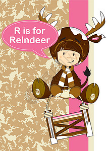 卡通动物牛插图R代表驯鹿女孩羊毛帽雪橇字母卡通片插图教育意义英语语言乐趣设计图片