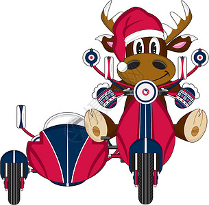 滑板车上可爱的圣诞老人驯鹿边车摩托车插图手套背景图片