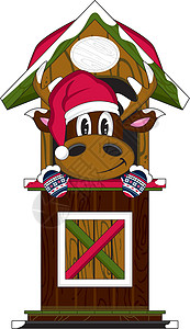 卡通圣诞老人驯鹿在胡卡通插图驯鹿小屋动物鹿角背景图片