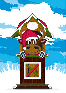 卡通圣诞老人驯鹿在胡鹿角卡通驯鹿小屋动物插图背景图片