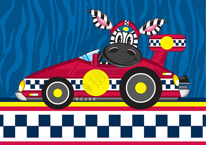 可爱的卡通赛车 Zebr跑车动物司机斑马斑马纹微笑轮子赛车手运动背景图片