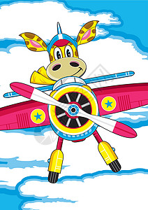 卡通长颈鹿试点和计划飞行员插图飞行卡通片翅膀螺旋桨星星背景图片