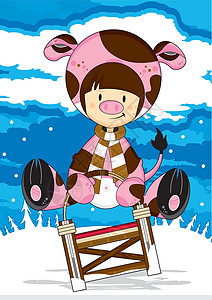 可爱的孩子穿着猪服装在雪橇上插图家畜动物戏服农家院奇装异服打扮卡通围巾孩子们背景图片