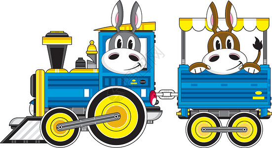 卡通驴和蒸汽火车轮子家畜农家院动物插图司机运输卡通片车辆烟囱背景图片