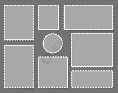 信封尺寸空白邮票集 卡片或邮件的旧邮政穿孔贴纸 复古风格的邮戳 不同尺寸的齿形边框邮寄贴纸模板插画