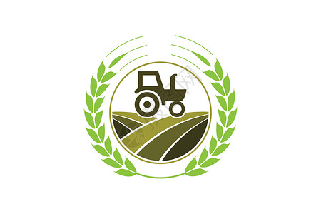 绿色拖拉机农业和农业与拖拉机与耕种机和犁标志设计力量场地收成农民卡车收获机器农场标识机械插画