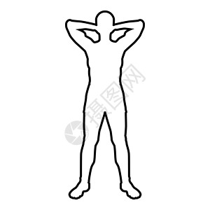 头向后概念放松运动员做运动男子手牵手在头后图标黑色插图轮廓设计图片