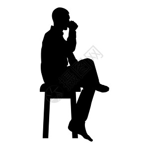 坐在膝盖上男人坐在凳子上喝着杯子 双腿交叉概念放松图标黑色矢量插图平面风格图像办公室服务老板职员饮料商务厨房人士商业男性插画