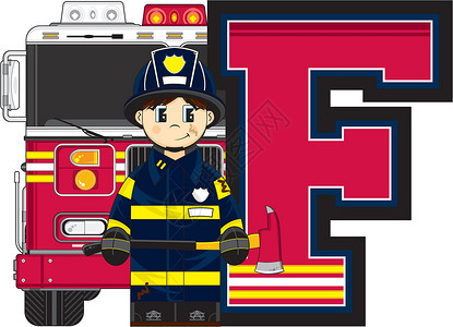 F代表Firema卡通字母消防员英语运输服务学习教育消防车背景图片