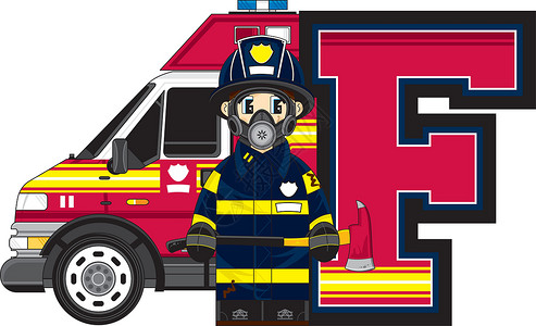 消防队员F代表Firema卡通运输英语字母学习服务消防车消防员教育插画