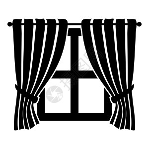 窗帘和窗户室内概念家庭窗口视图装饰在窗口图标黑色矢量插图平面样式图像上挥动窗帘背景图片