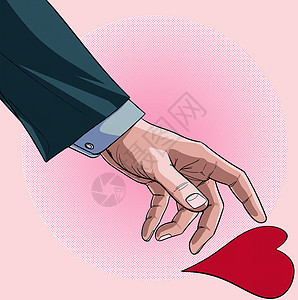 一个穿着西装的男人拿着一张心形纸情人节贺卡插画矢量波普艺术漫画风格抽象点背景背景图片