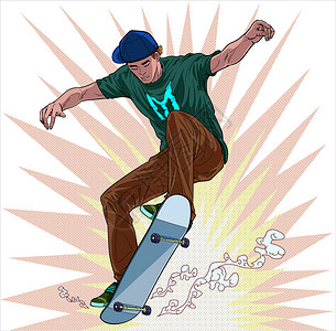 年轻男子滑板乐趣跳高插画矢量波普艺术漫画风格抽象点背景背景图片