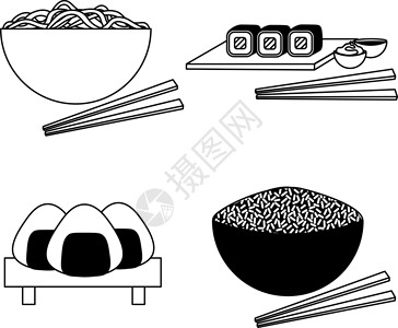 简单素描风格的四种日本菜肴拉面寿司和 ric背景图片