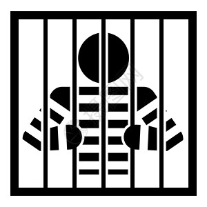 被拘留者身陷囹圄的囚犯用双手握着棍子愤怒的人在监狱里透过格子观看监禁概念图标黑色矢量插图平面风格图像设计图片