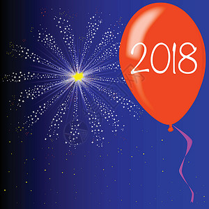 新年平躺式新年快乐201红色气球插图绘画庆典标签丝带卡片派对艺术设计图片