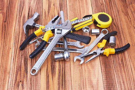 工具金属扳手工艺作坊机械木头棘轮修理工工业成套背景图片