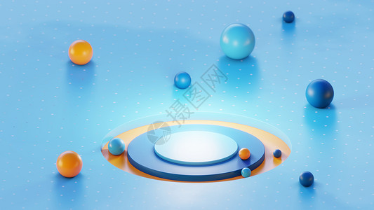 平台首页字素带圆柱体和球体的蓝色表面推介会渲染3d圆柱广告空白插图展示字法陈列柜背景