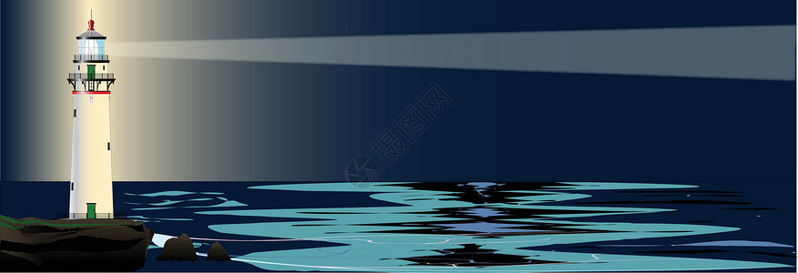 水蜜塔灯塔夜幕背景海岸岩石海岸线投影安全太阳海洋房子照明光束插画