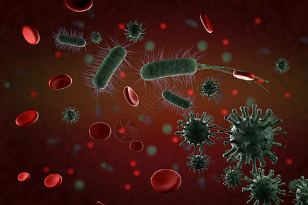 细菌图3d 插图特写微观病毒细菌和红细胞艺术微生物感染疾病癌症生活科学流感宏观紫色背景