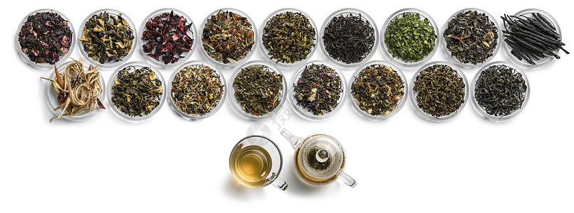 收藏加购、白色背景上的大型茶叶组合 从顶部的视图草本植物茶壶食物杯子花瓣植物水果收藏饮料产品背景