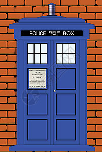 蓝色砖传统的英国箱式反红砖墙套件警察蓝色绘画电话插图艺术房子英语盒子艺术品插画