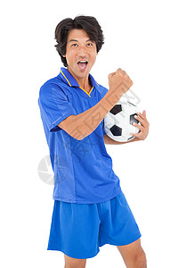 足球运动员欢呼的肖像男性蓝色播放器活力运动扇子喜悦男人观众支持者背景图片