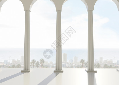 带有覆盖城市和海洋的柱石的房间背景图片